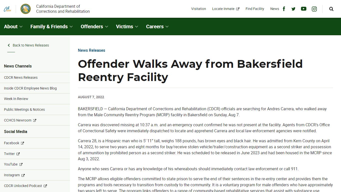 Offender Walks Away from Bakersfield Reentry Facility